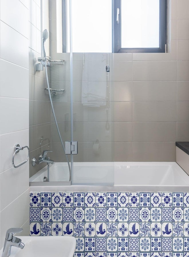 CHGCRAFT 36pcs 9 Styles Mexican Ceramics Blue Tile Stickers Waterproof Tile Stickers Square with Flower Pattern for Kitchen Bathroom Bedroom Wall Floor Decoration, Dodger Blue, 4×4inch - Image 5