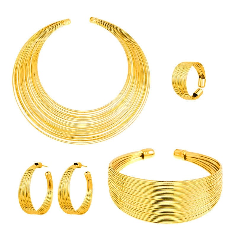 C162 European and American Exaggerated Metal Ring Multi-Layer Collar suit Womens Fashion All-Match High-Level Cold Style Necklace IV Pair of gold earrings