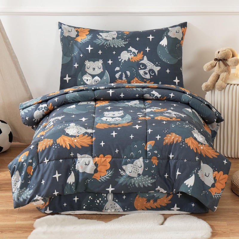 JSD Navy Blue Forest Animals Toddler Bedding Set 4 Piece Owl Toddler Comforter Sheet Set Lightweight Breathable Washable