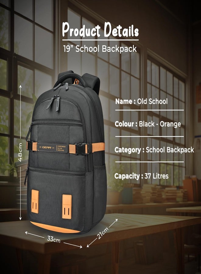 جير حقيبة ظهر مدرسية كبيرة مقاومة للماء من Gear Old School، مقاس 19 بوصة/37 لتر | حقيبة ظهر عادية | حقيبة ظهر يومية | حقيبة ظهر للسفر | حقيبة أطفال للأولاد/البنات (أسود - برتقالي) - Image 2
