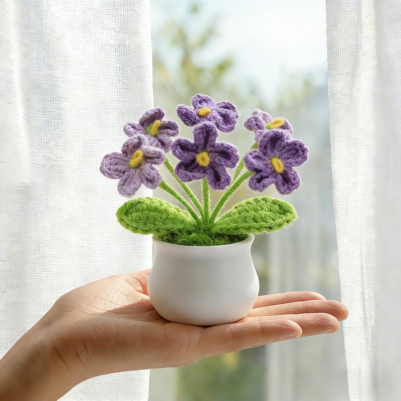 LAIDANLA Crochet Flowers Forget Me Not, Mini Gradient Purple Crochet Flower Potted Plant for Desk, Handmade Anniversary Birthday Graduation Gifts for Women Teacher Mom Friend - Image 4
