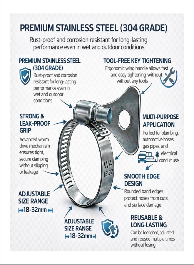 Ismware Stainless Steel Key Hose Clamp, 304 Grade, 18-32mm, Tool-Free Tightening, Worm Drive, Pack of 6 - Image 3