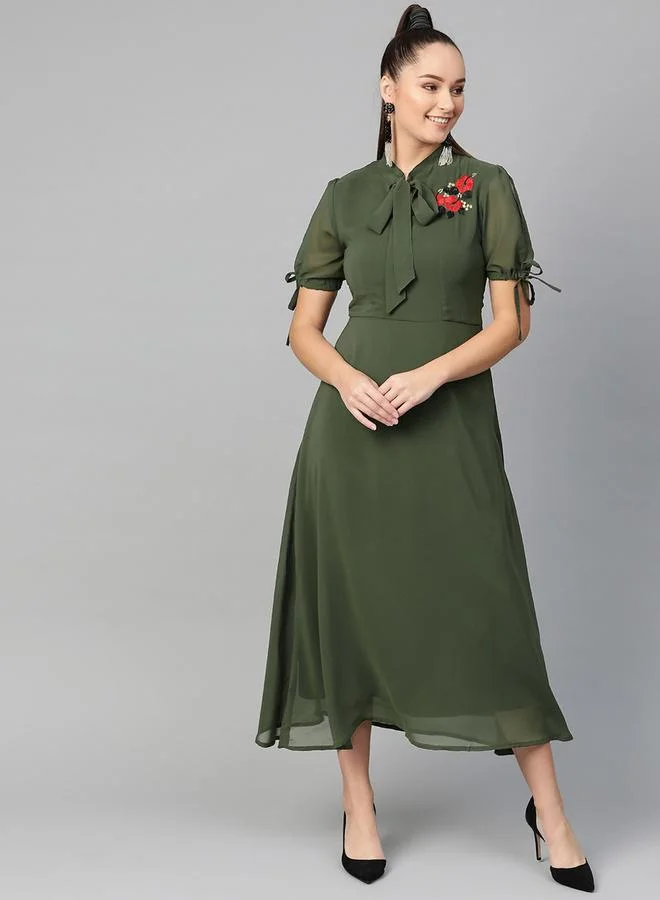 Take Two Olive Embroidered Detail Midi Dress