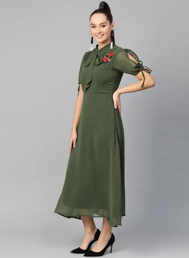 Take Two Olive Embroidered Detail Midi Dress