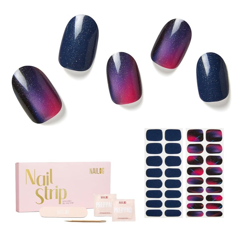Semi Cured Gel Nail Strips - NAILOG 34 Pcs Gel Nail Stickers Buy 2 Get 1 UV Light | Long Lasting Nail Wraps with Glossy Gel Finish Purple, Neon Nocturne