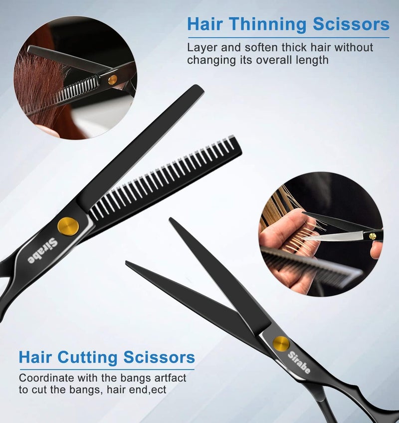 Sirabe 10 PCS Hair Cutting Scissors Set, Professional Haircut Scissors Kit with Cutting Scissors,Thinning Scissors, Comb,Cape, Clips, Black Hairdressing Shears Set for Barber, Salon, Home - Image 4