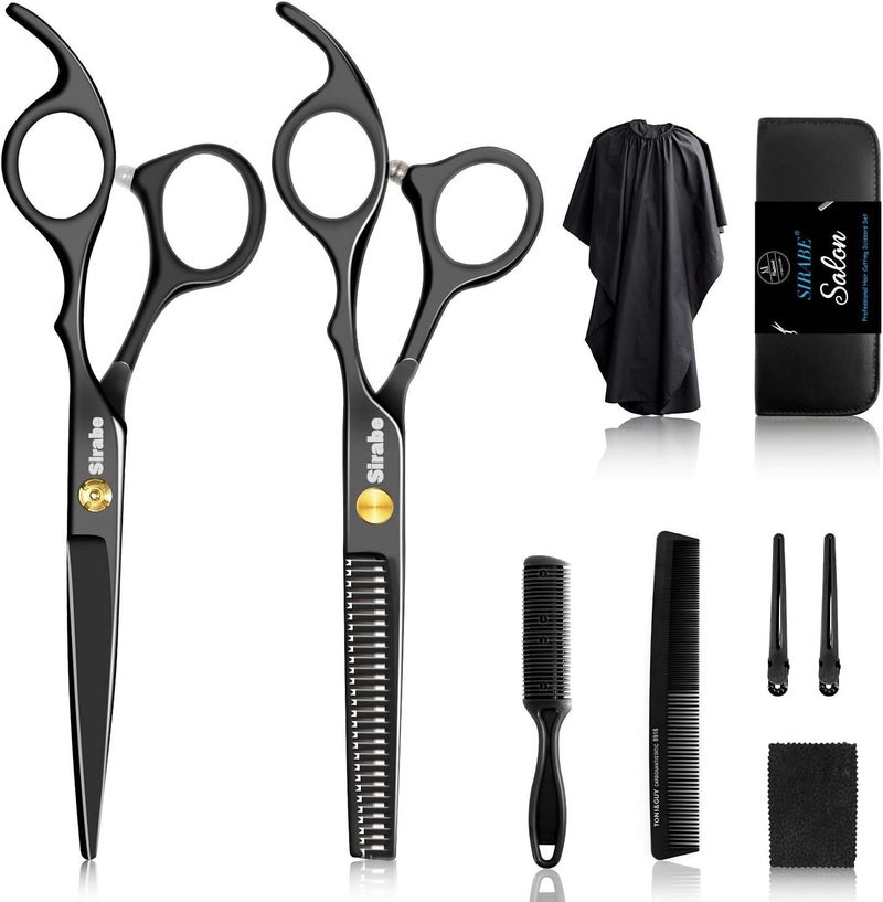 Sirabe 10 PCS Hair Cutting Scissors Set, Professional Haircut Scissors Kit with Cutting Scissors,Thinning Scissors, Comb,Cape, Clips, Black Hairdressing Shears Set for Barber, Salon, Home - Image 1