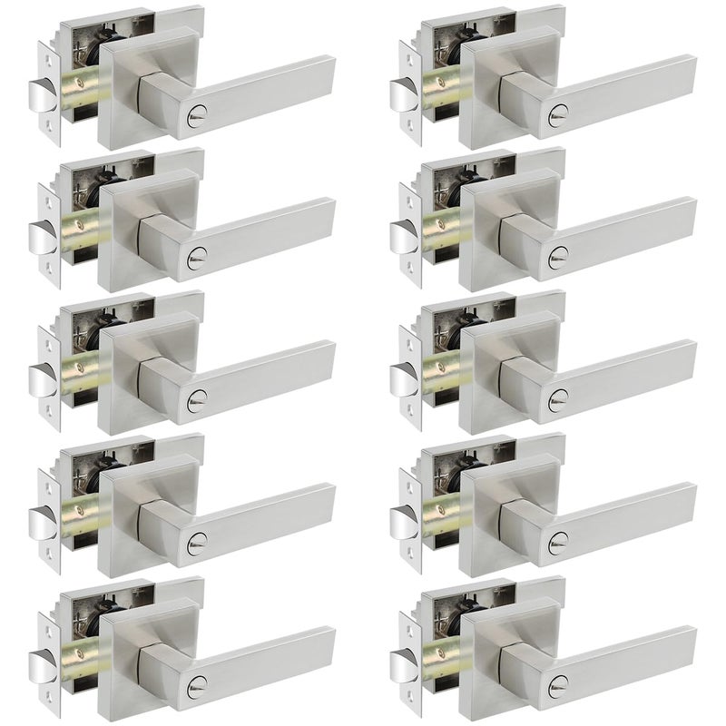 KAMOTA Privacy Door Levers, 10 Pack Satin Nickel Door Handles Bed and Bath Door Locks Interior Keyless Locksets, Left and Right Hand Reversible - Image 1