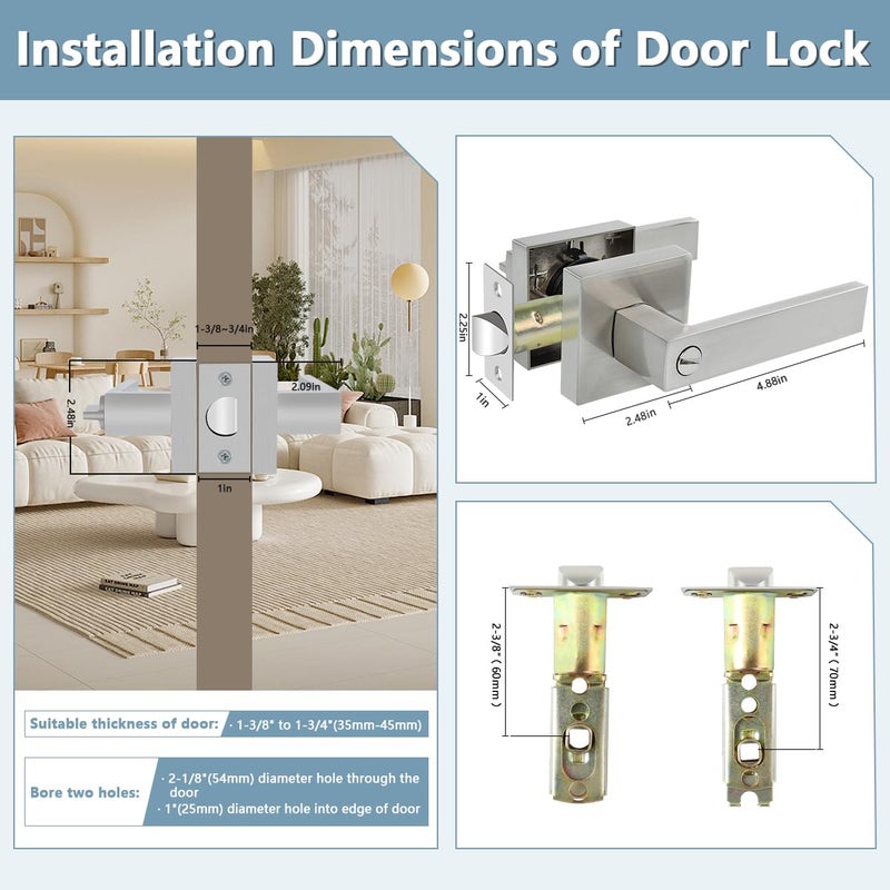 KAMOTA Privacy Door Levers, 10 Pack Satin Nickel Door Handles Bed and Bath Door Locks Interior Keyless Locksets, Left and Right Hand Reversible - Image 3