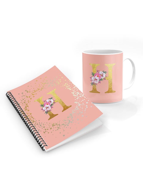 Printed Coffee Mug + A5 Spiral Notebook Memo Personalised Combo Gift Set Custom Monogram Initial Letter Floral Pattern Alphabet - H  (Rose Pink )