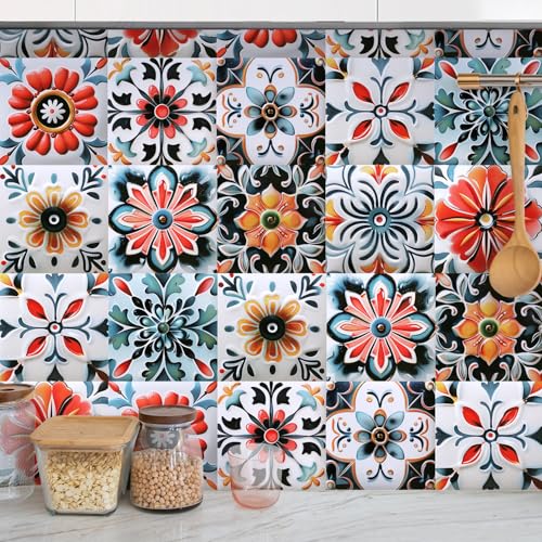 DRWSSR 30PCS 4x4 inch Removable 3D Tile Stickers DIY Square Colorful Floral Pattern Tile Stickers Vinyl Self Adhesive Wall Tiles Decor for Bathroom Kitchen Living Room Stairs Backsplash (B) - Image 1