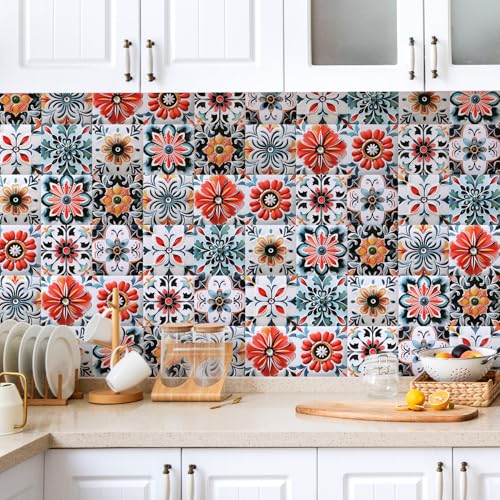 DRWSSR 30PCS 4x4 inch Removable 3D Tile Stickers DIY Square Colorful Floral Pattern Tile Stickers Vinyl Self Adhesive Wall Tiles Decor for Bathroom Kitchen Living Room Stairs Backsplash (B) - Image 4