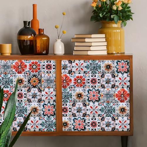 DRWSSR 30PCS 4x4 inch Removable 3D Tile Stickers DIY Square Colorful Floral Pattern Tile Stickers Vinyl Self Adhesive Wall Tiles Decor for Bathroom Kitchen Living Room Stairs Backsplash (B) - Image 5