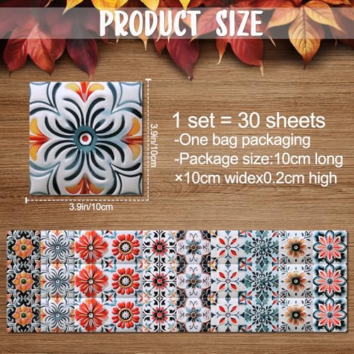 DRWSSR 30PCS 4x4 inch Removable 3D Tile Stickers DIY Square Colorful Floral Pattern Tile Stickers Vinyl Self Adhesive Wall Tiles Decor for Bathroom Kitchen Living Room Stairs Backsplash (B) - Image 2