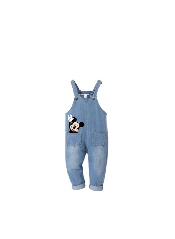 Girls' blue jeans jumpsuit drawn by Mickey 