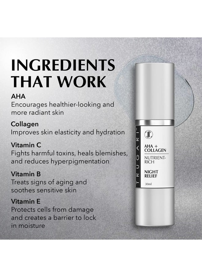 TRUGARI - Aha + Collagen Night Relief Serum Nutrientrich Skin Care Serum With Vitamins C B And E Powerful Face Moisturizer For Dry Skin Night Time Face Care Serum For Intense Repair 30 Ml - Image 1