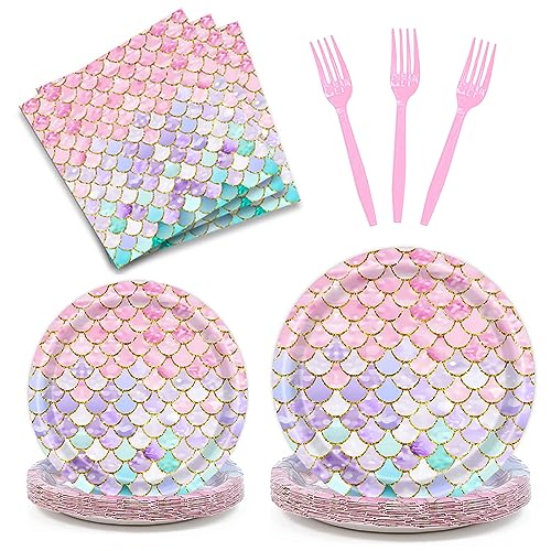 Dixutzi 96 Pcs Mermaid Birthday Party Decorations Mermaid Party Supplies Including Paper Plate Napkin and Fork Ocean Theme Decor Tableware Set for Birthday Serves 24 - Image 1