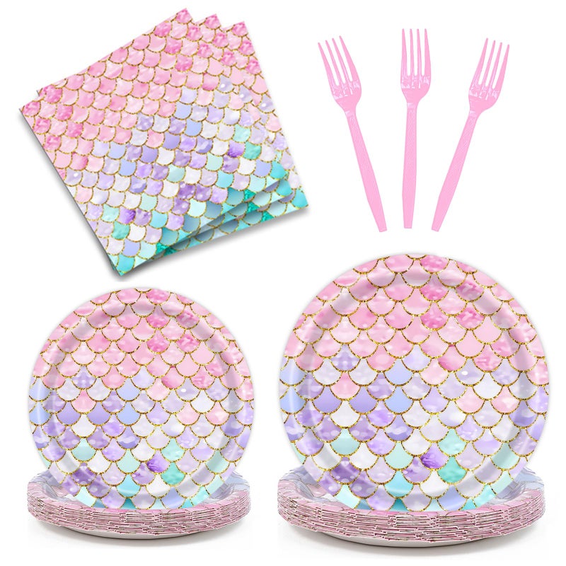 Dixutzi 96 Pcs Mermaid Birthday Party Decorations Mermaid Party Supplies Including Paper Plate Napkin and Fork Ocean Theme Decor Tableware Set for Birthday Serves 24 - Image 2