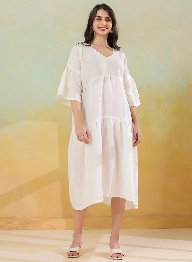 sanskrutihomes Sanskrutihomes Women White Linen Blend V Neck A-Line Midi Dress