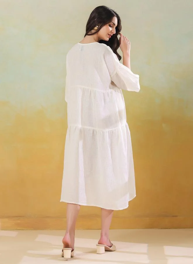 sanskrutihomes Sanskrutihomes Women White Linen Blend V Neck A-Line Midi Dress