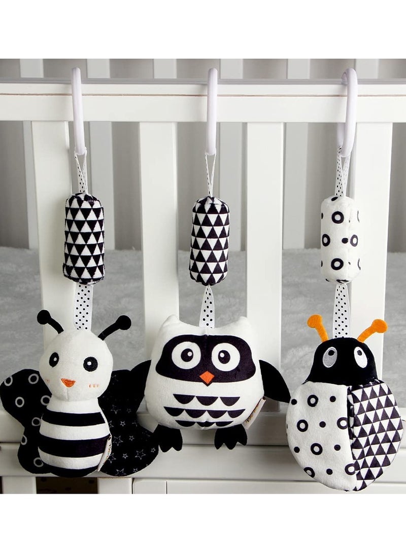 Zikra Hanging Rattle Toys, High Contrast Baby Toys and Plush Stroller Toys, Newborn Car Seat Toys with Black and White Cartoon Shapes Ladybug, Bee & Owl for Babies 0-36 Months (3 Pack) - Image 4