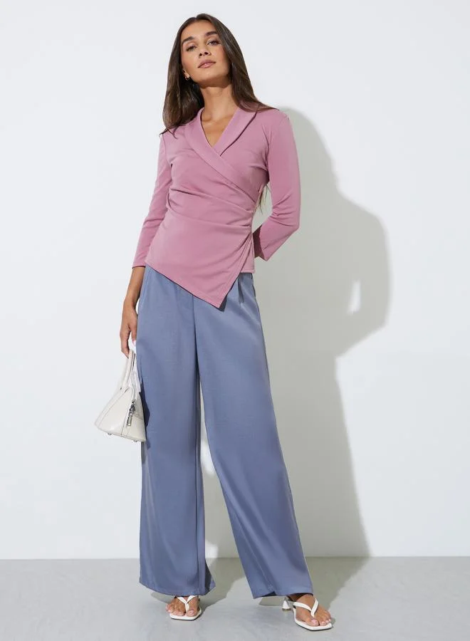 ستايلي Pink Solid Gathered Detail Wrap Top with 3/4 Sleeves