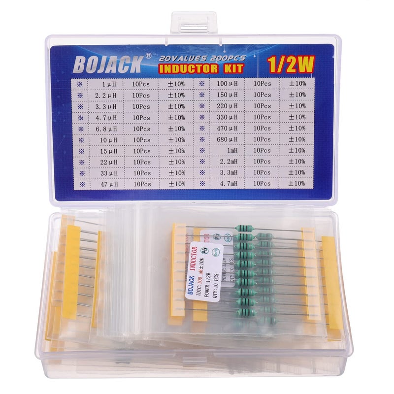 BOJACK 20 Values 200 Pcs Inductor 1 uH to 4.7 mH 0.5 W Color Ring Inductor 1/2 Watt Assortment Kit - Image 1