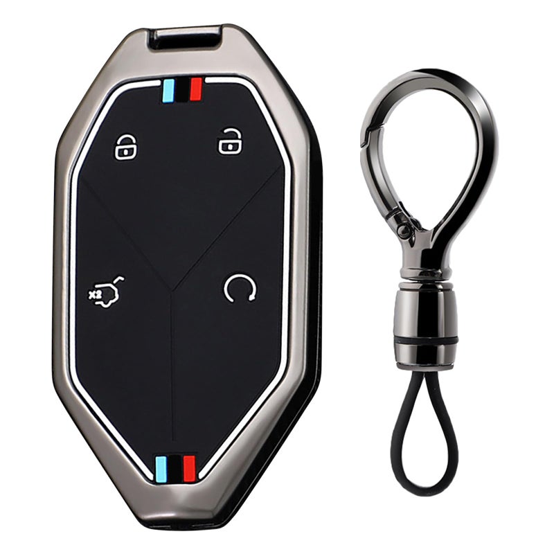 Ysbxitu 4 Buttons Metal Remote Key Fob Cover Fit For BYD Keyless Smart Key Case with Keychain Compatible with BYD DMI Formula leopard 5 2023 2024 Key Protection Cover Car AccessoriesShort chain black