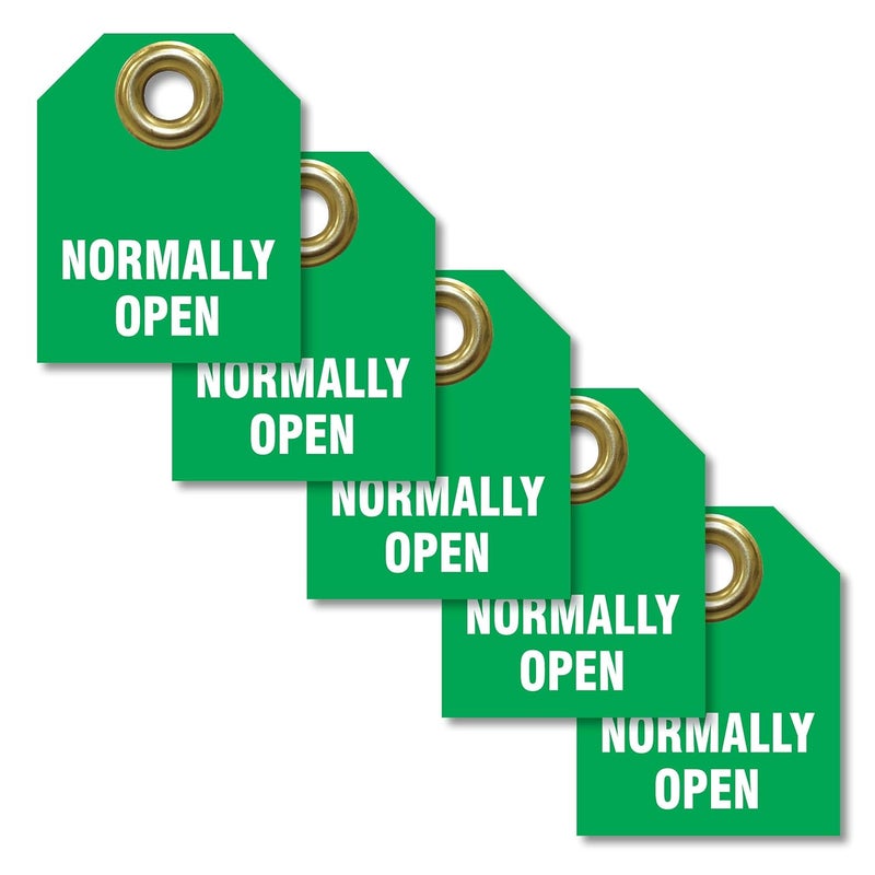AccuformNMC Normally Open Valve Identifier Tags (Pack of 5), 2.5" H x 2" W, Green Plastic Double Sided Pipe Tags with Metal Grommet, TDW222 - Image 1