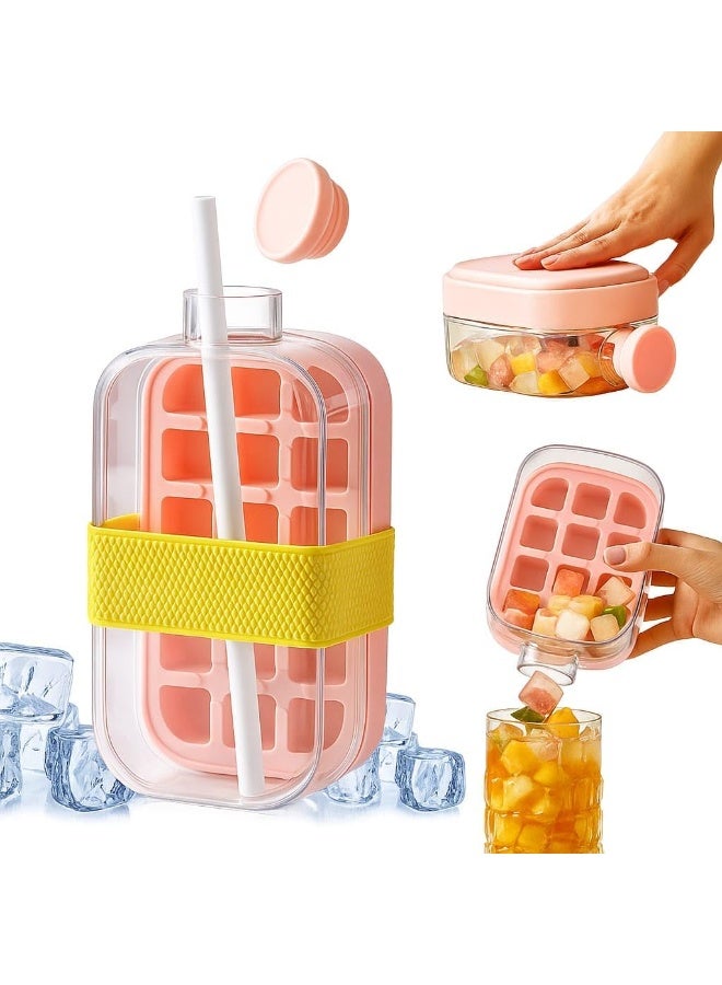 MOMENT زجاجة مكعبات الثلج MOMENT 2 في 1 مع قشة وصينية ثلج سهلة الضغط، زجاجة ماء، غطاء مانع للتسرب، صينية عمودية مثالية للسفر، الصالة الرياضية، المنزل - 800 مل وردي - Image 1