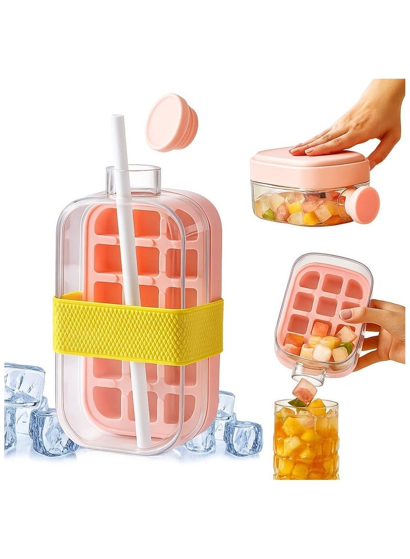 MOMENT 2-in-1 Ice Cube Bottle with Straw, Easy-Press Ice Tray Water Bottle, Press-to-Release Ice Maker with Leak-Proof Lid for Freezer, Travel, Gym & Home, 800 mL | Pink - Image 1