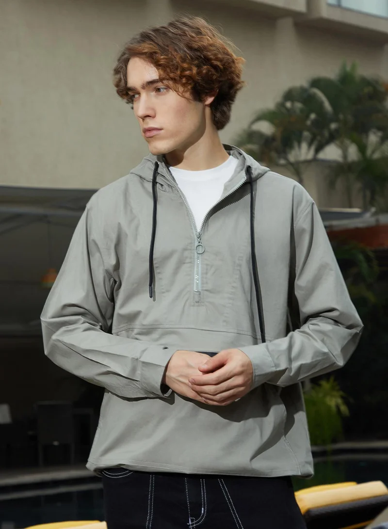 Campus Sutra Men's Coin Grey Half-Zip Utility Jacket For Casual Wear | Hooded Neck | Long Sleeve | Zipper Closure | Jacket Crafted With Comfort Fit For Everyday Wear