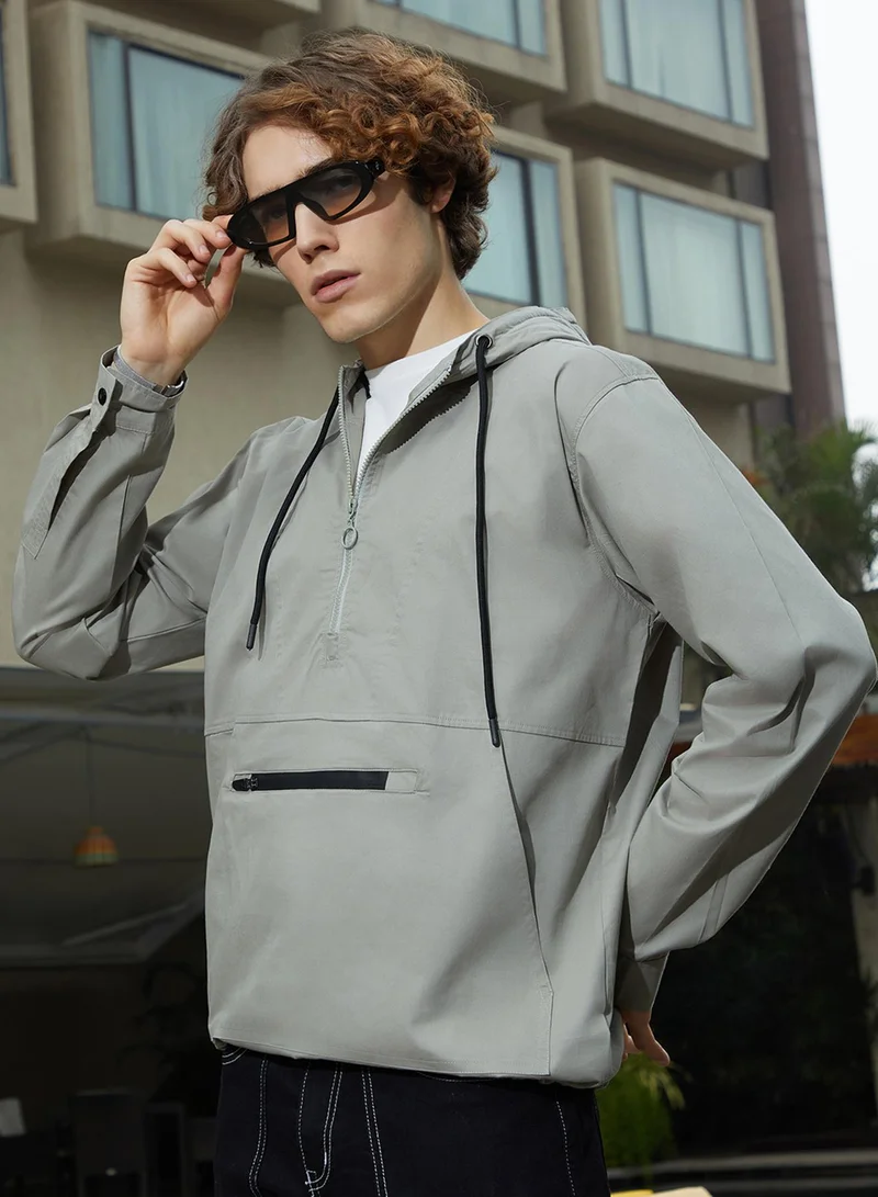 Men's Coin Grey Half-Zip Utility Jacket For Casual Wear | Hooded Neck | Long Sleeve | Zipper Closure | Jacket Crafted With Comfort Fit For Everyday Wear