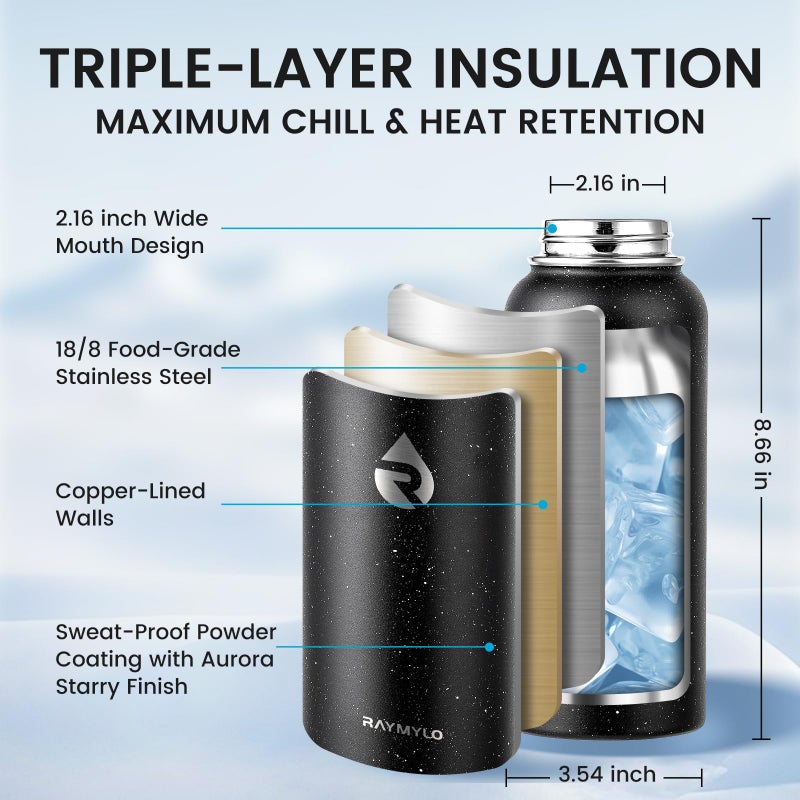 Raymylo 32Oz Insulated Water Bottle  Triple Wall Vacuum Stainless Steel Water Bottles - Keeps Cold 48H  Reusable Metal Water Flask Jug For Gym  Sports  Camping  Hiking Travel  Starry Sky-Black - Image 4