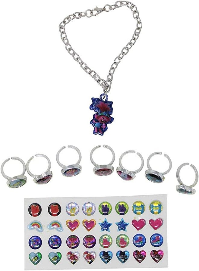 Luv Her Trolls Jewelry Box Set (7pcs Adjustable Rings, 1pc Charm Bracelet, 16 Pairs Sticker Earrings)
