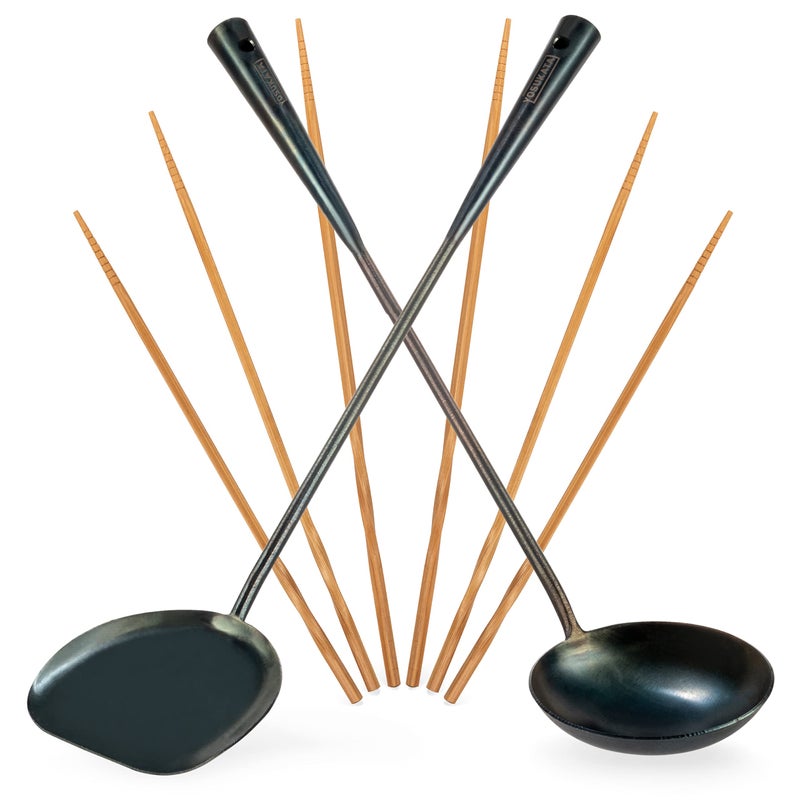 YOSUKATA PreSeasoned Wok Utensils Set  Blue Carbon Steel 17inch Wok Spatula Wok Ladle 3 pairs Chopsticks  Durable Asian Cooking Tools