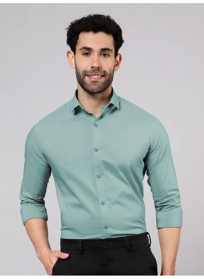 Beyoung BEYOUNG Pista Green Plain Cotton Shirts