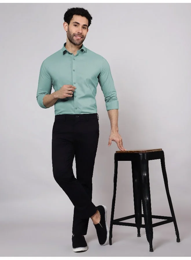 Beyoung BEYOUNG Pista Green Plain Cotton Shirts