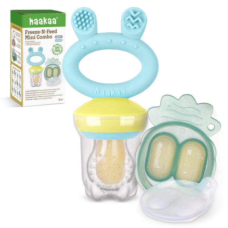 Haakaa Baby Fruit Food Feeder  Mini Freezer Nibble Tray Combo, Breastmilk Popsicle Molds for Baby Cooling Relief, BPA Free Silicone Feeder for Safe Infant Self Feeding, 4 Month+ (Blue) - Image 1