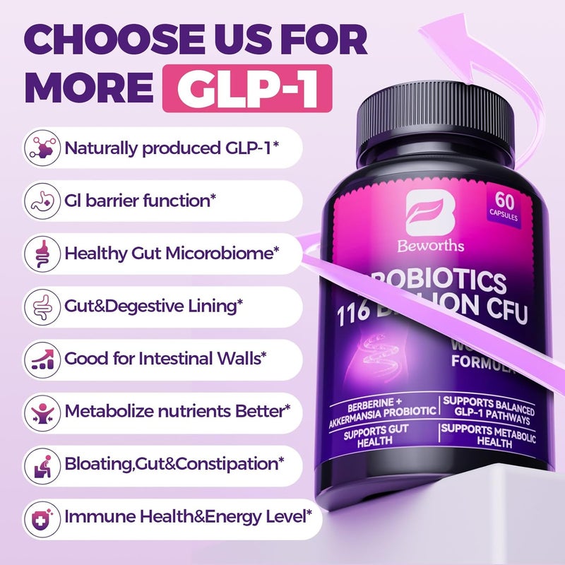 B BEWORTHS مكمل GLP1 بروبيوتيك أكيرمانسيا مع بيربرين للنساء والرجال لإنتاج GLP1 وصحة الجهاز الهضمي والمناعة يعزز وظيفة بطانة الجهاز الهضمي 60 كبسولة - Image 3