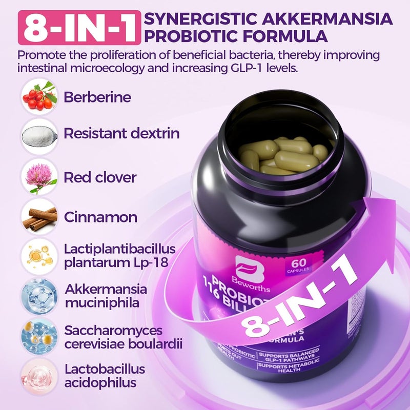 B BEWORTHS مكمل GLP1 بروبيوتيك أكيرمانسيا مع بيربرين للنساء والرجال لإنتاج GLP1 وصحة الجهاز الهضمي والمناعة يعزز وظيفة بطانة الجهاز الهضمي 60 كبسولة - Image 4