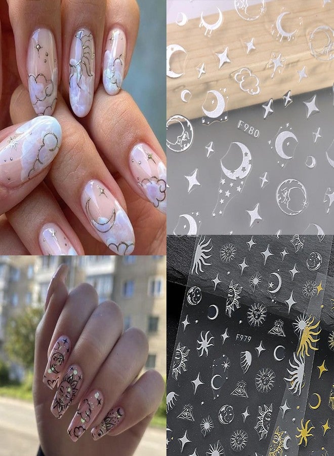 OSTTMA 8 Sheets Metallic Nail Art Stickers Decals Silver Moon Star Sun Nail Stickers Eye Snake Nail Decals 3D Self-Adhesive Luxury Nail Art Design Stickers for Women Girls DIY Manicure Decoration Accessories - Image 5