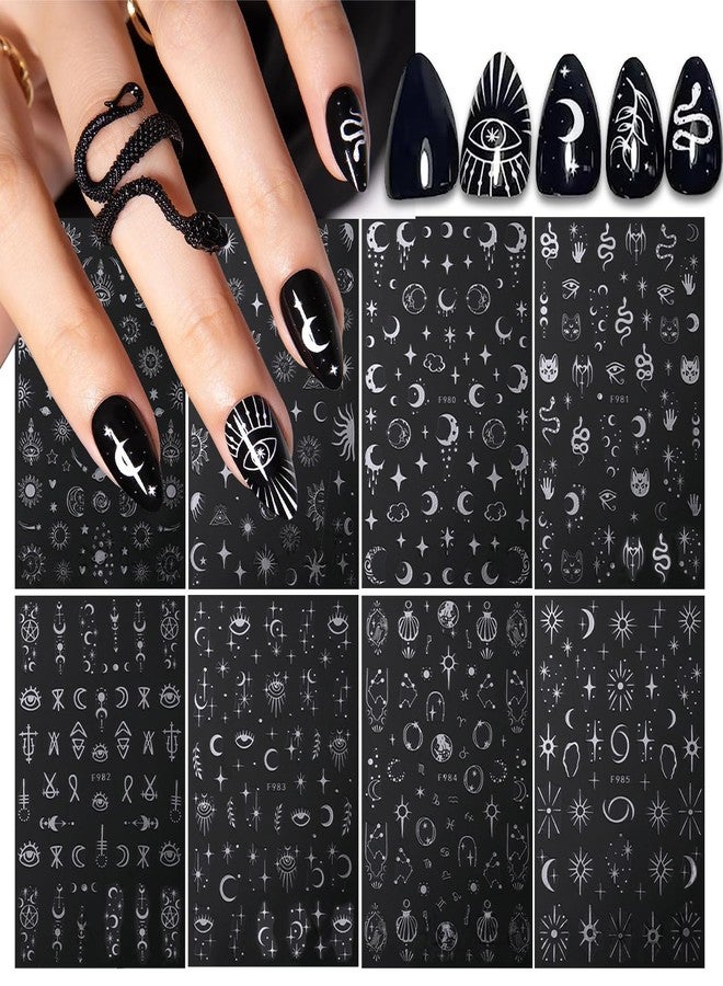 OSTTMA 8 Sheets Metallic Nail Art Stickers Decals Silver Moon Star Sun Nail Stickers Eye Snake Nail Decals 3D Self-Adhesive Luxury Nail Art Design Stickers for Women Girls DIY Manicure Decoration Accessories - Image 1