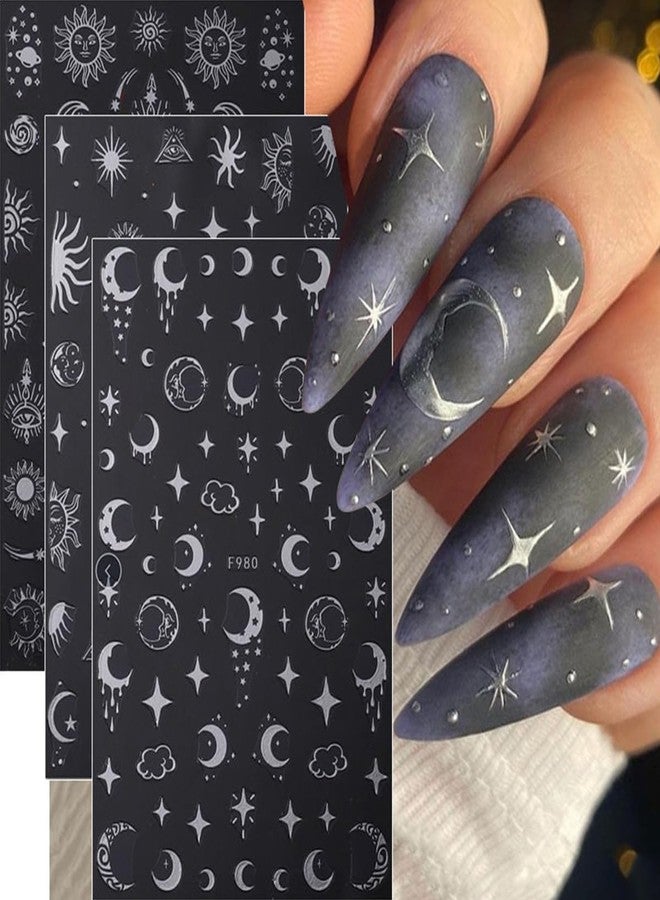 OSTTMA 8 Sheets Metallic Nail Art Stickers Decals Silver Moon Star Sun Nail Stickers Eye Snake Nail Decals 3D Self-Adhesive Luxury Nail Art Design Stickers for Women Girls DIY Manicure Decoration Accessories - Image 2