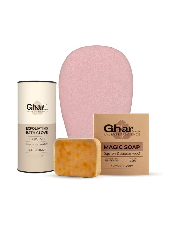 صابون الغار قفازات تقشير الجسم من غار سوبس وصابون خشب الصندل والزعفران السحري 100 غرام، وردي | خالٍ من البارابين | صابون خشب الصندل والزعفران | صابون مصنوع يدويًا للرجال والنساء | بشرة منعشة طبيعية متألقة | إزالة التصبغات - Image 2