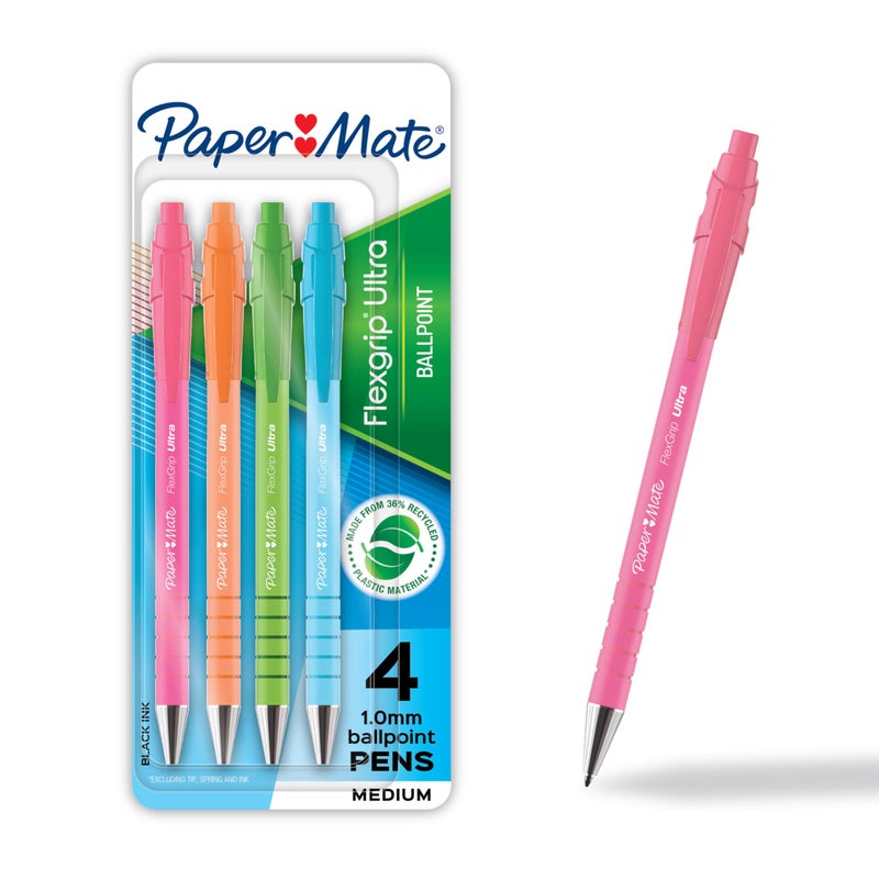 Paper Mate FlexGrip Ultra Ballpoint Pens, Recycled Plastic Materials Assorted Barrel Colors Medium Point (1.0mm) Black 4 Count - Image 1