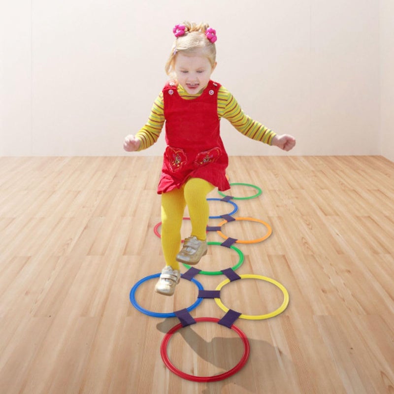 Hey Play Hopscotch Ring Game-10 Multi-Colored Plastic Rings and 15 Connectors for Indoor or Outdoor Use-Fun Creative Play Set for Girls and Boys - Image 4