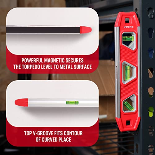 WORKPRO 9-Inch Torpedo Level Magnetic, Small Leveler Tool with 3 Different Bubbles 45°/90°/180° and Overhead Viewing Window, Shock Resistant Bubble Level V-Groove for Measuring plumbing, wood, etc. - Image 5