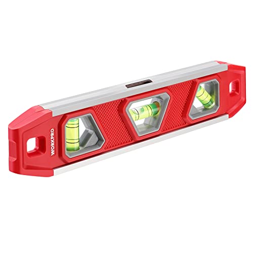 WORKPRO 9-Inch Torpedo Level Magnetic, Small Leveler Tool with 3 Different Bubbles 45°/90°/180° and Overhead Viewing Window, Shock Resistant Bubble Level V-Groove for Measuring plumbing, wood, etc. - Image 1