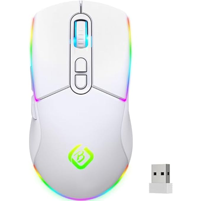 B. WIRELESS GAMING MOUSE, DUAL MODE 2.4GHZ/BLUETOOTH 5.1 MOUSE GAMING,RGB LED BACKLIT, ERGONOMIC MOUSE WITH 6 BUTTONS, RECHARGEABLE COMPUTER MOUSE FOR PC, MAC, LAPTOP, WHITE - Image 1